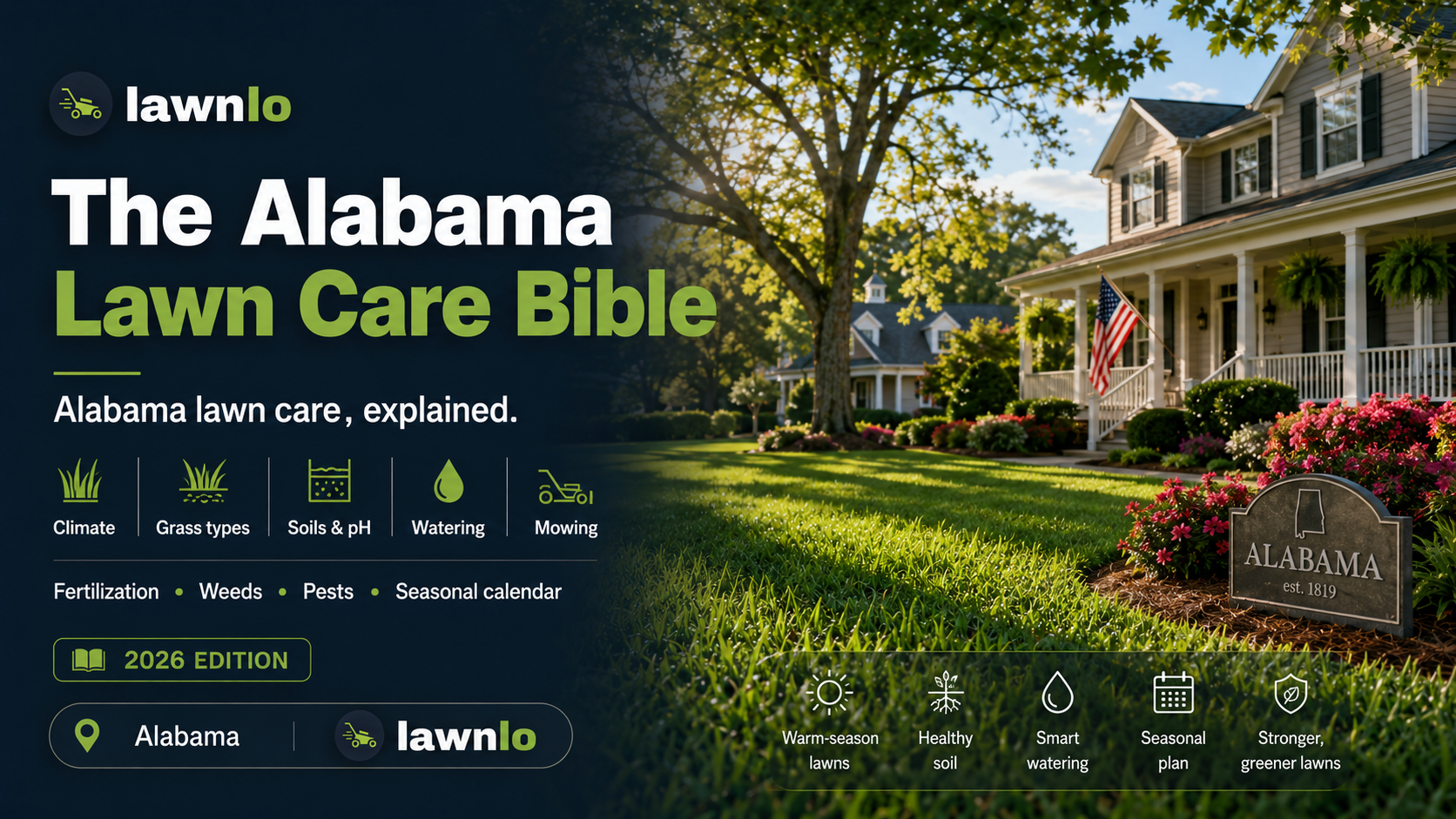 The Alabama Lawn Care Bible 2026 guide image showing an Alabama lawn with lawnlo branding and lawn care topics including climate, grass types, soils, watering, mowing, fertilization, weeds, pests, and seasonal calendar